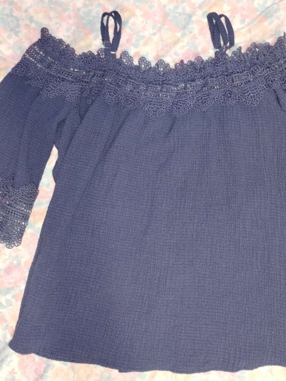 I.N. San Francisco Navy Blue Off-Shoulder Crochet Trim Blouse